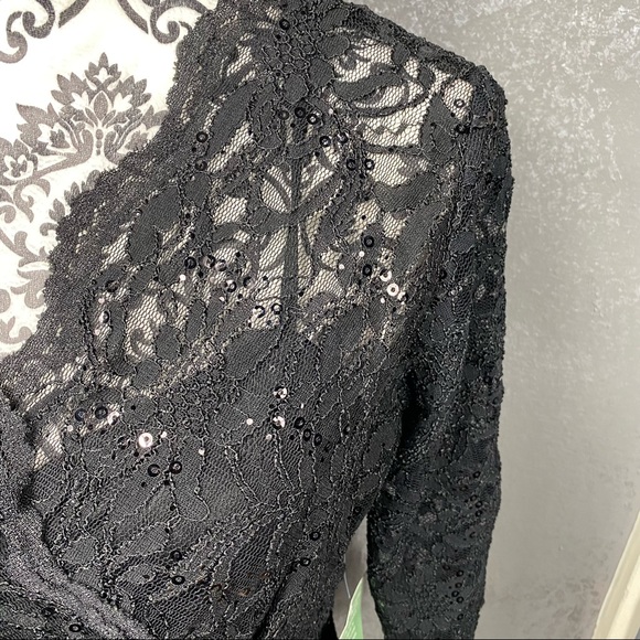 Blu Sage black lace sequin v-neck illusion knee length party formal dress - Picture 5 of 10